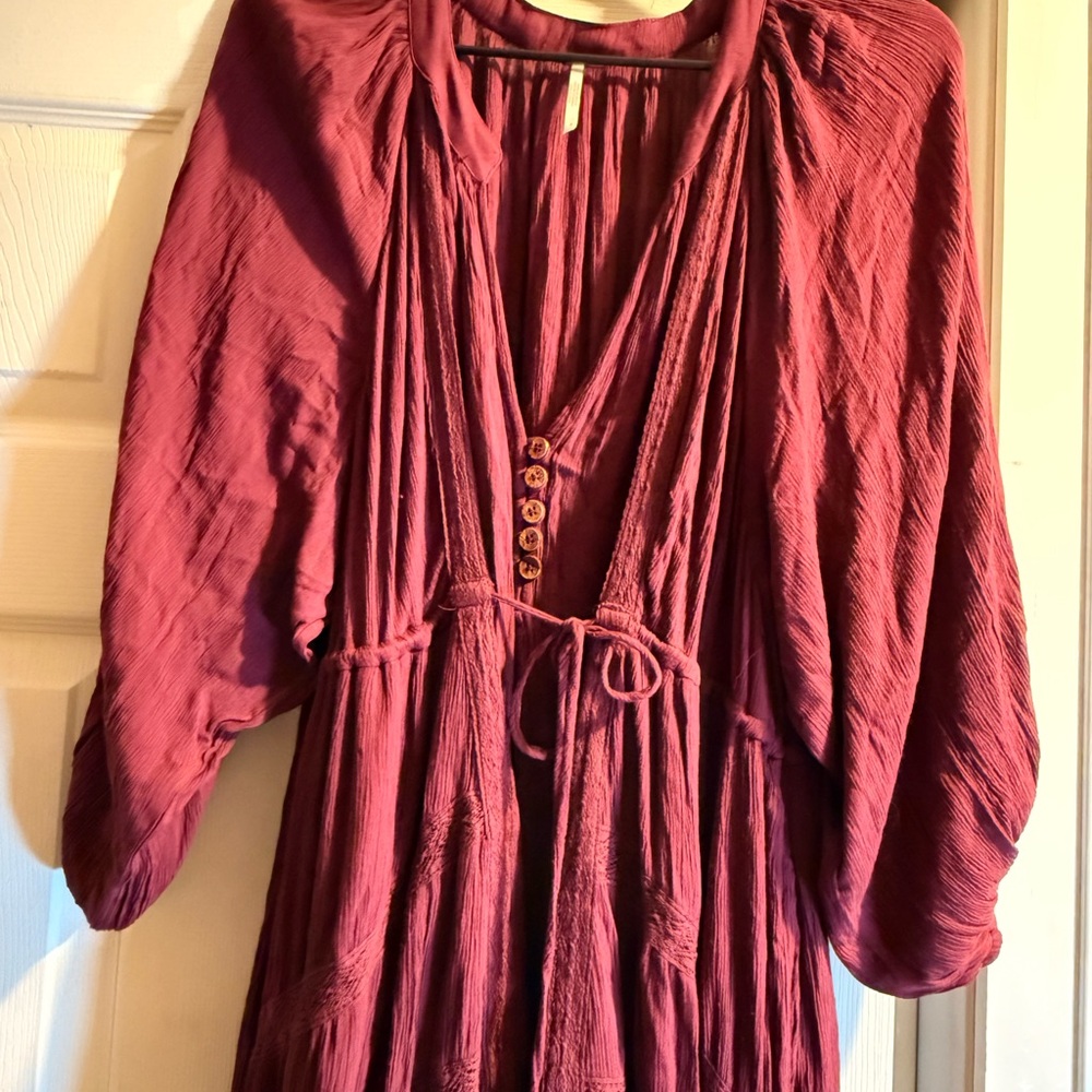 Free People Burgundy Maxi Dress with V-Neck and Drawstring - Picture 3 of 5